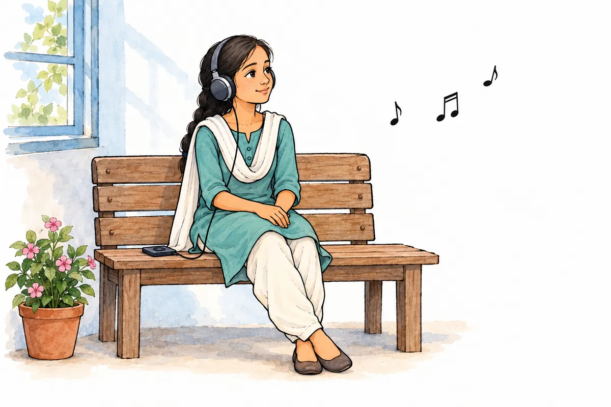 A girl sits on a bench listening through headphones, with a small music player beside her.