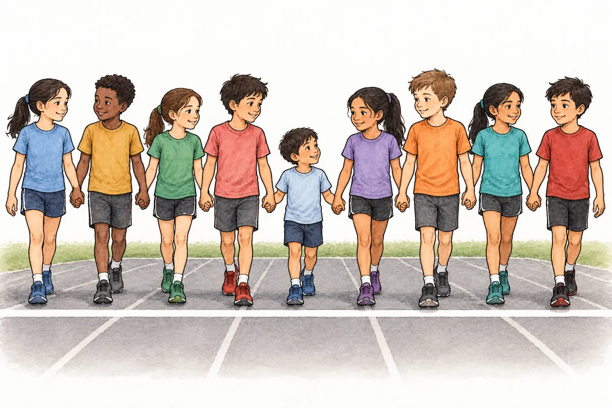 Nine young athletes walk towards a finish line holding hands, with the smallest runner in the middle.