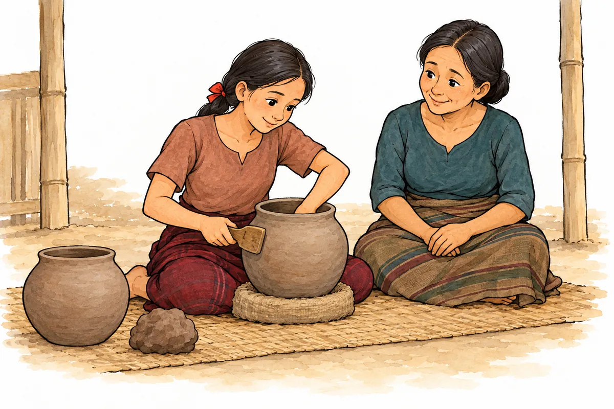 Sentila shapes a clay pot with her left hand inside and a wooden spatula in her right, while Onula guides her.