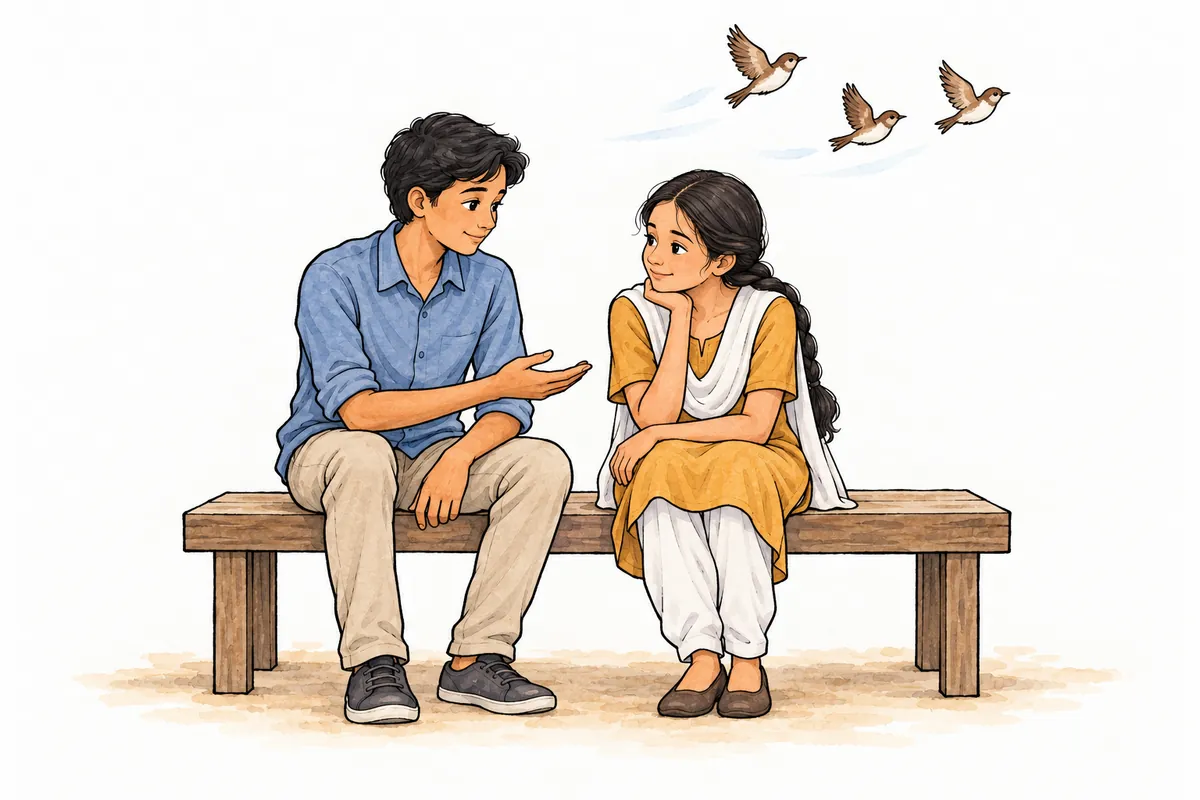 Two teenagers talk attentively on a bench, with departing birds above them.