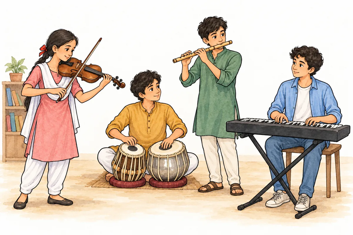 Shruti plays violin with Avinash on tabla, Iqbal on flute and Peter on keyboard.