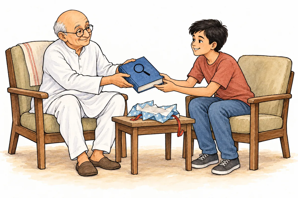 Grandpa, wearing a white shirt and pyjamas, gives Ravi a blue detective book with a playful smile.