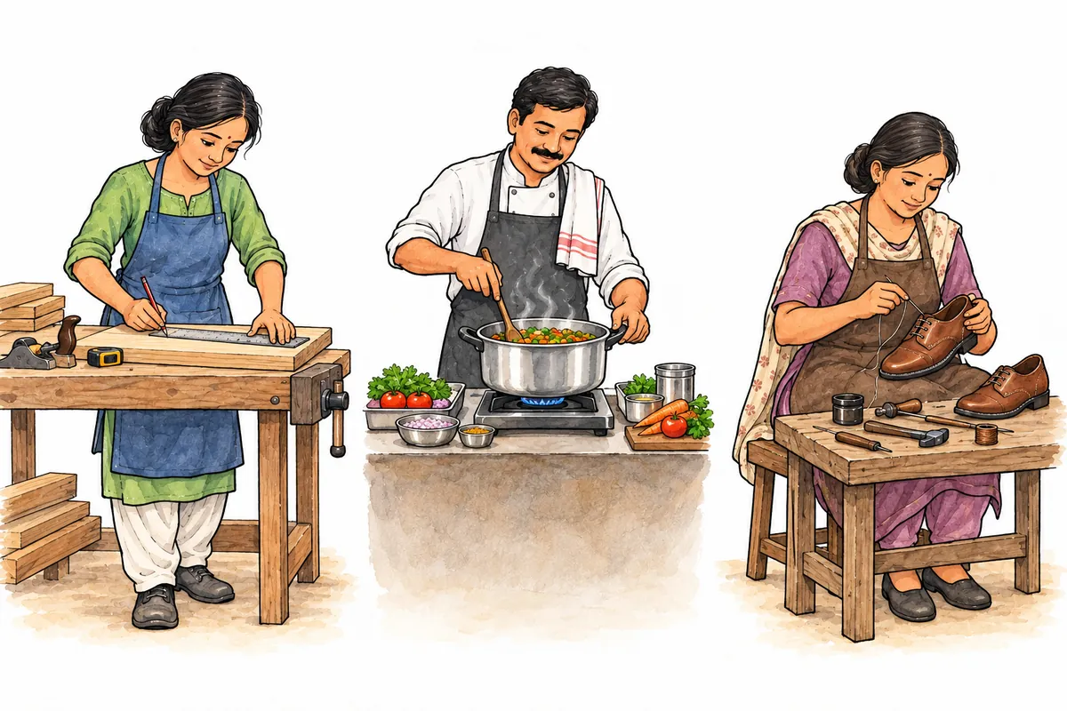 A carpenter measures wood, a cook prepares vegetables and a shoemaker stitches a shoe in three watercolour scenes.