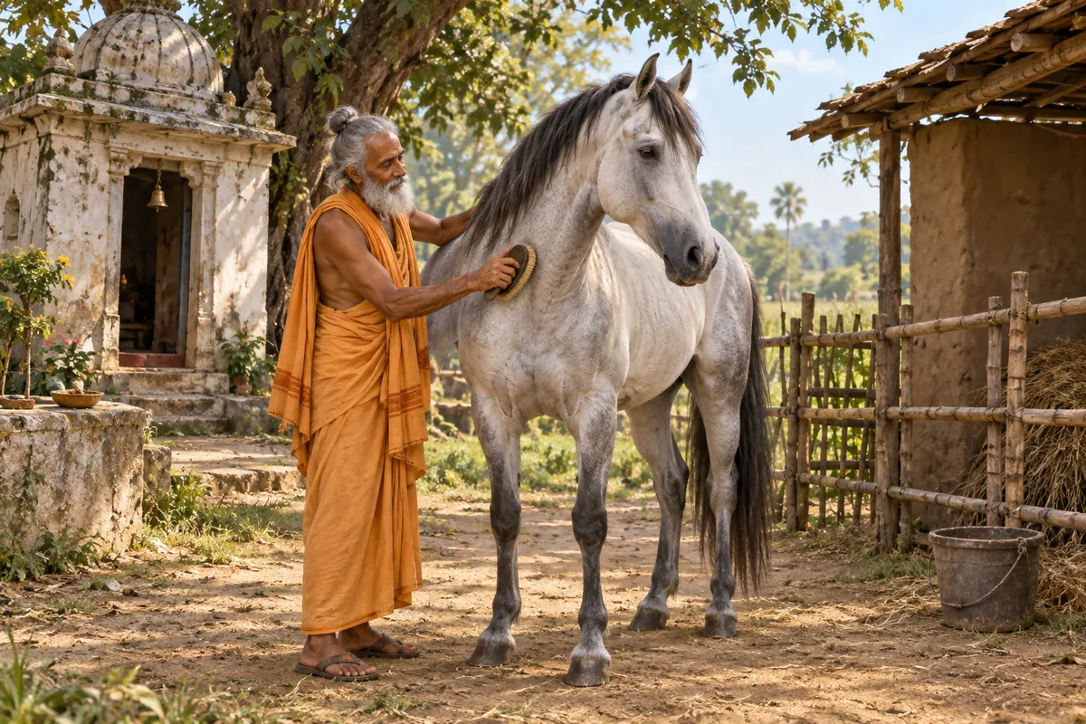 हार की जीत के बाबा भारती और सुलतान का कल्पित दृश्य: वृद्ध साधु घोड़े की देखभाल करते हुए