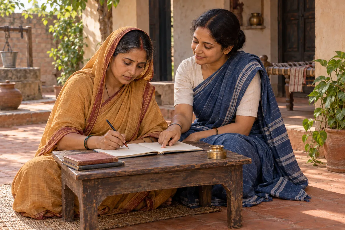 आँगन में एक वयस्क महिला अपनी शिक्षित सहेली की सहायता से पढ़ना-लिखना सीखती हुई