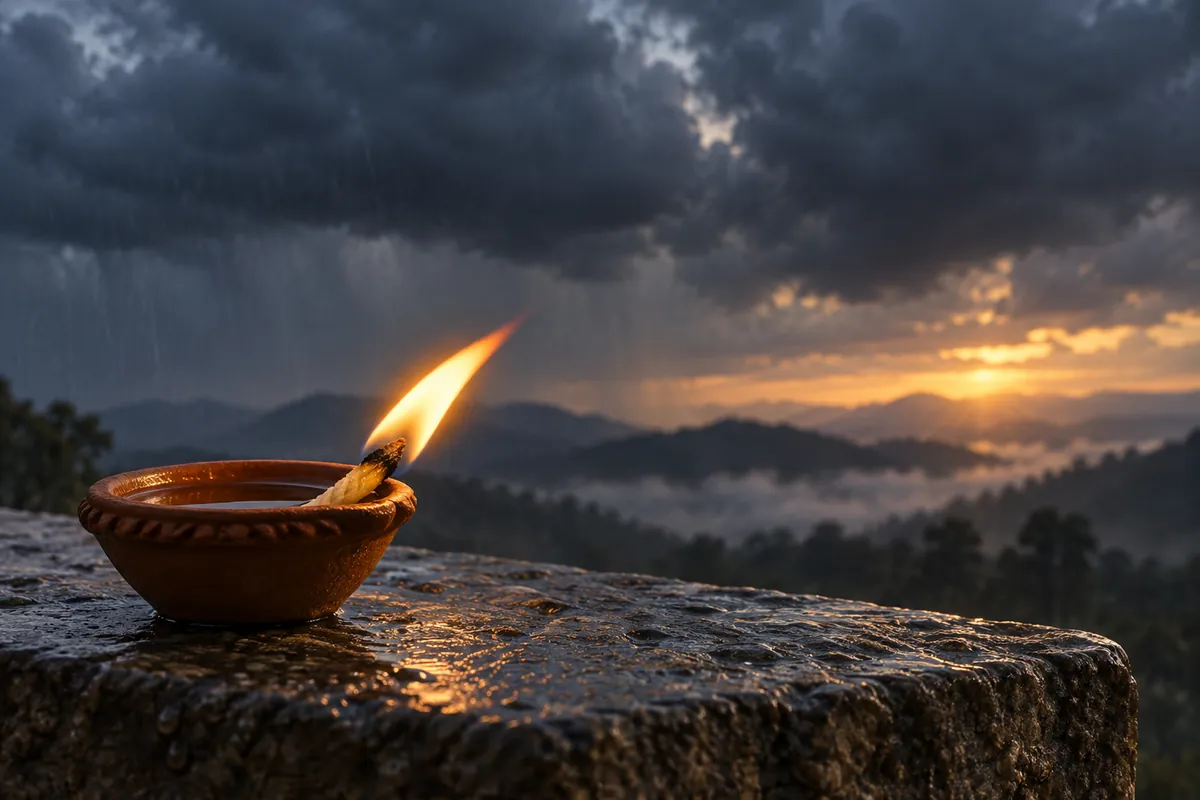 गहरे बादलों के सामने पत्थर पर जलता मिट्टी का दीपक और दूर उगती सुबह