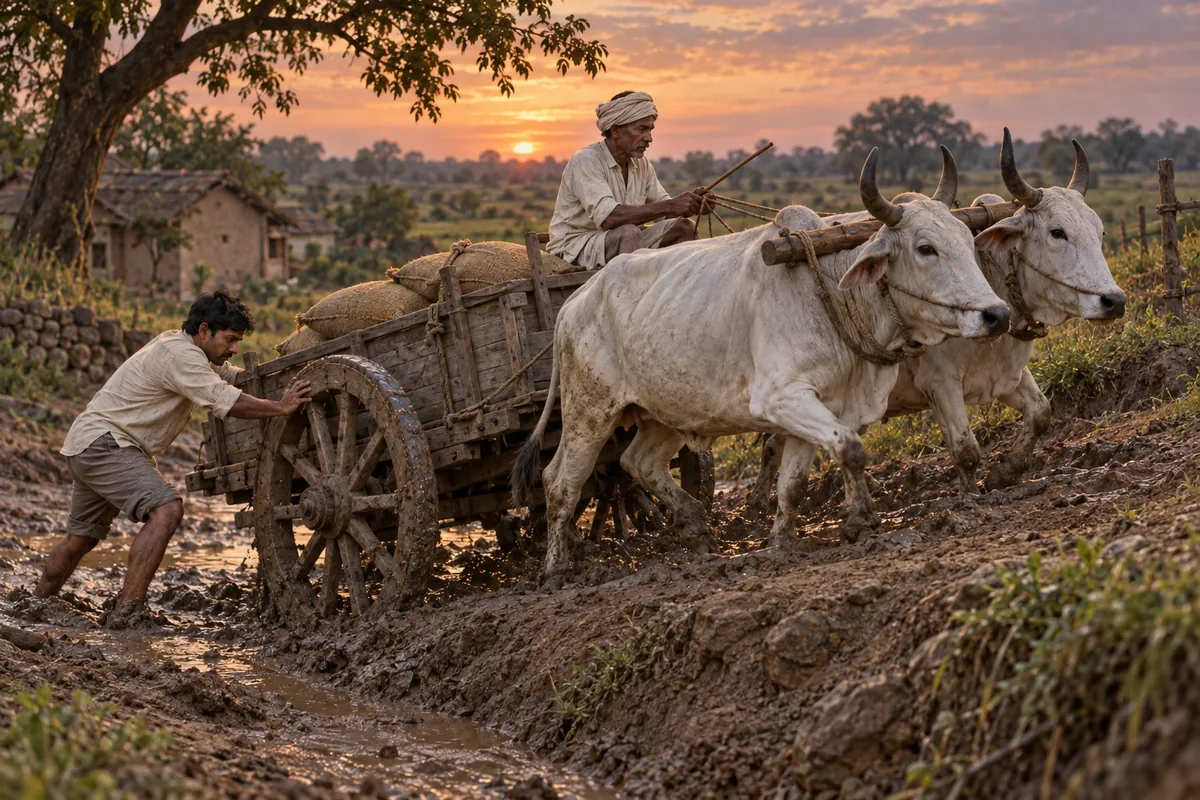 कीचड़ में फँसी अनाज की बैलगाड़ी का पहिया ढकेलता युवक और बैलों को साधता किसान