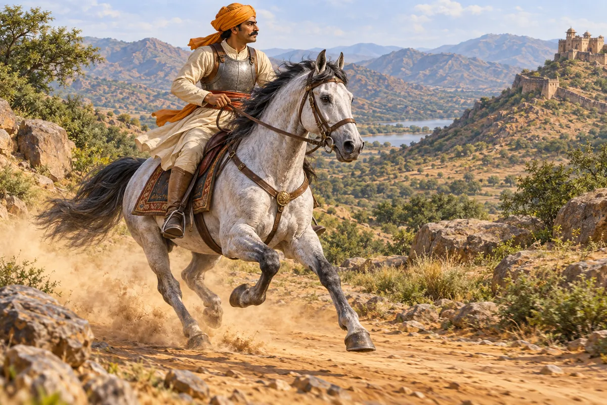 अरावली के पहाड़ी रास्ते पर तेजी से बढ़ता हलके धूसर रंग का घोड़ा और लगाम सँभालता सवार