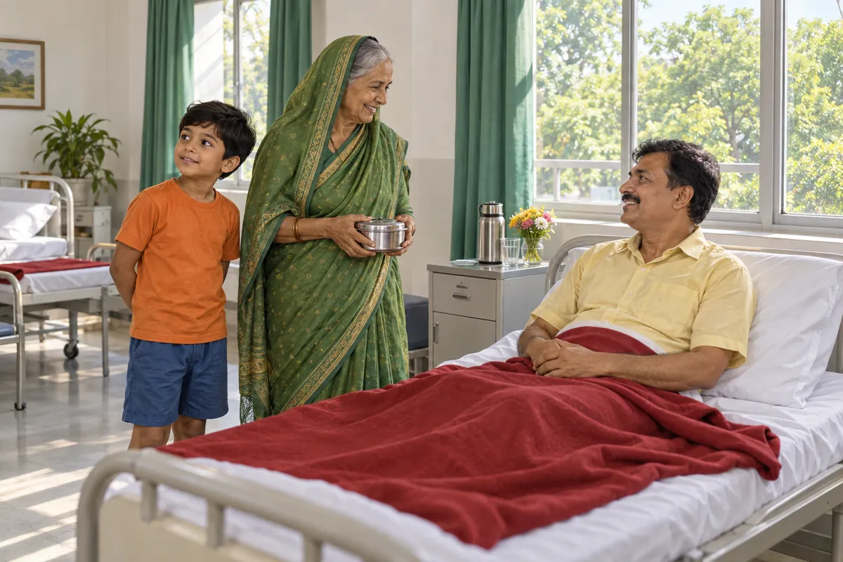 नहीं होना बीमार: नानी के साथ अस्पताल में सुधाकर काका से मिलने आया बच्चा; सफेद बिस्तर, लाल कंबल और हरे परदे