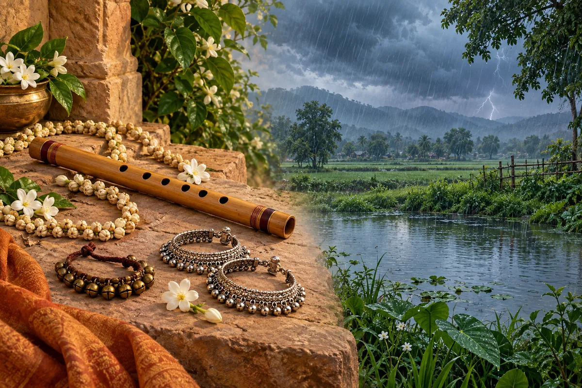 मुरली, माला और घंटियों के साथ सावन के बादल, वर्षा और तालाब का कल्पनात्मक दृश्य
