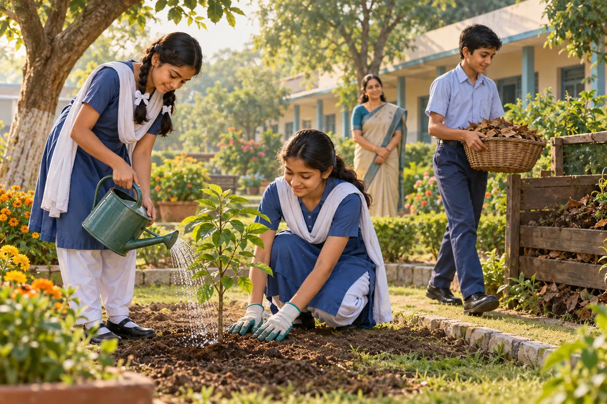 विद्यालय के बगीचे में मिलकर पौधे को पानी देते और सूखी पत्तियाँ एकत्र करते विद्यार्थी