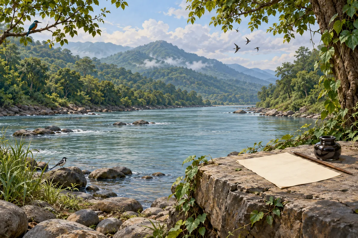 हरिद्वार यात्रा-पत्र के भाव पर आधारित नदी, हरे पर्वत, वृक्ष और पत्र-लेखन सामग्री का कल्पनात्मक दृश्य