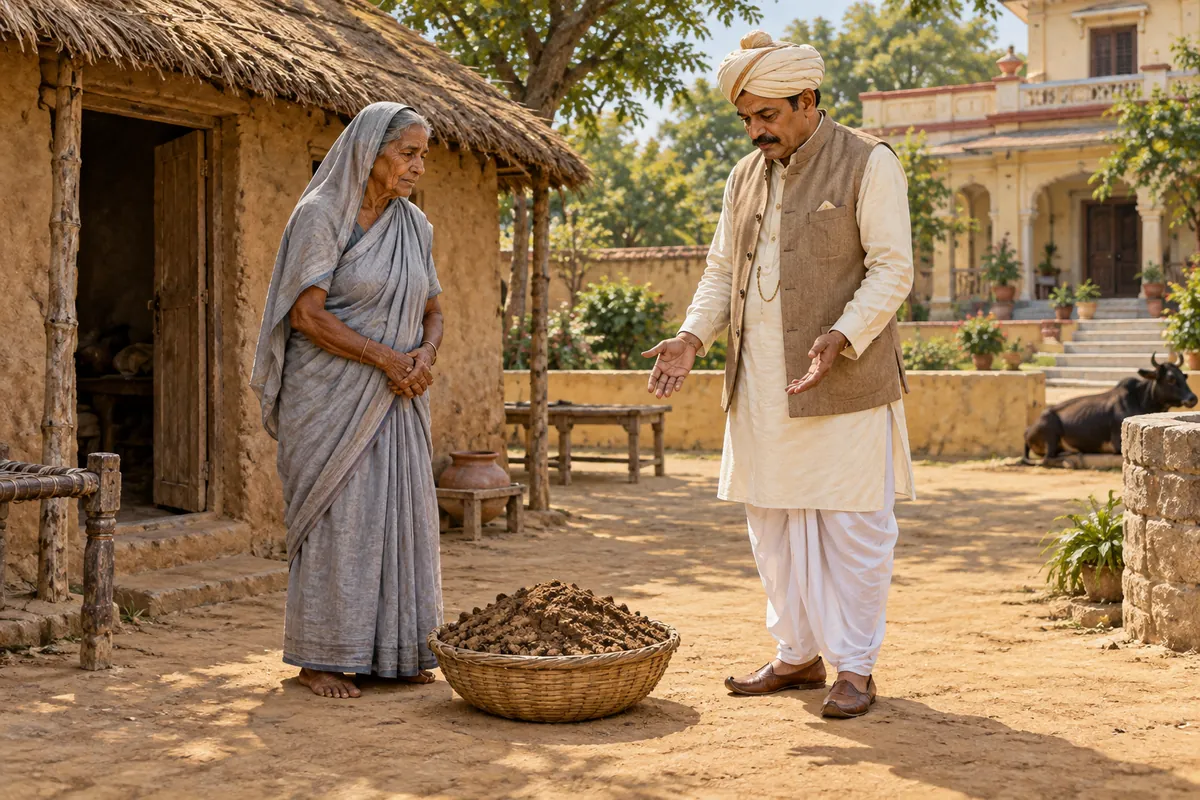 मिट्टी भरी टोकरी के पास वृद्धा और चिंतन करता ज़मींदार, पीछे झोंपड़ी और बड़ा घर