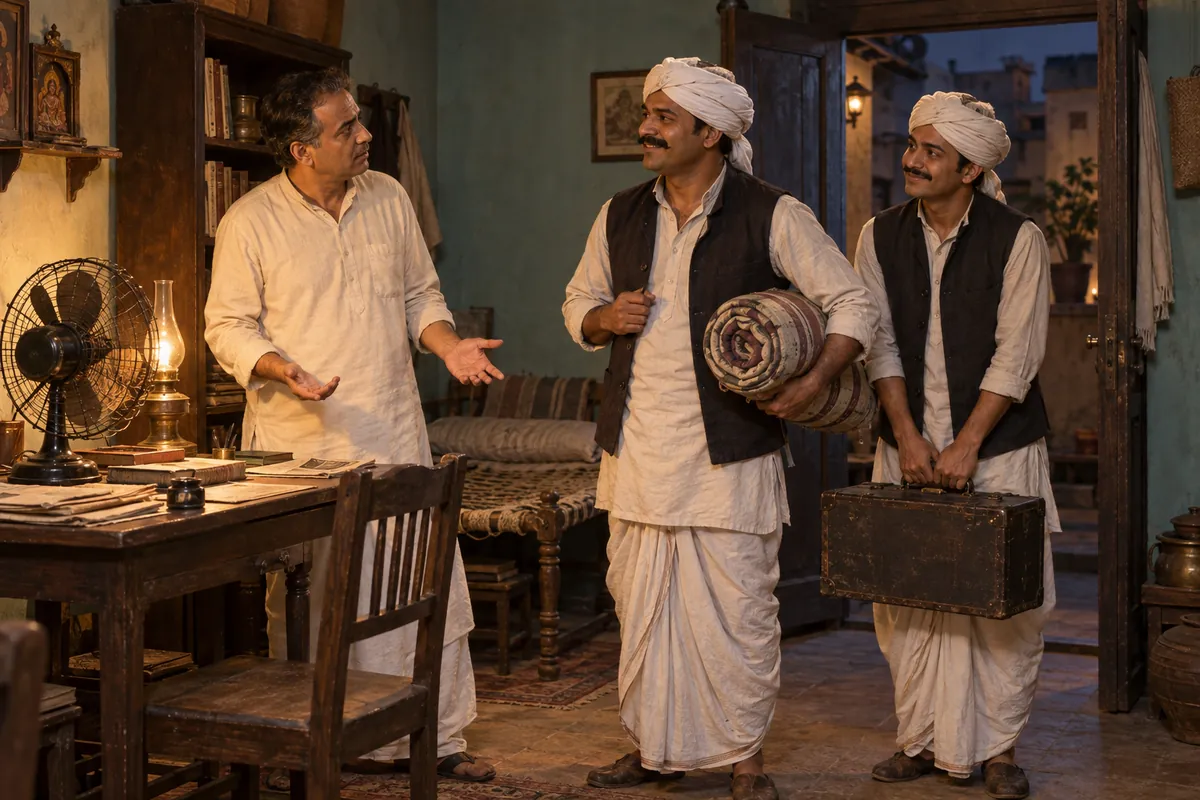 छोटे शहरी कमरे में उलझन में विश्वनाथ और बिस्तर-संदूक लिए नन्हेमल-बाबूलाल का कल्पनात्मक दृश्य