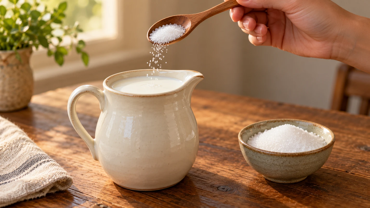 Sugar being added to white milk in a ceramic jug, symbolising the Parsi milk-and-sugar legend