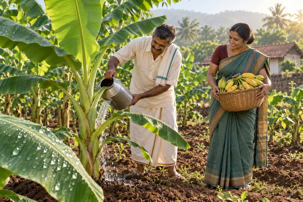 Rama Natha watering a banana plant while Madhumati holds a basket of harvested bananas
