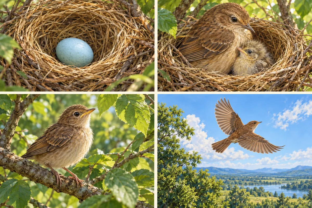 Four imagined stages: pale blue egg, chick with mother in a nest, young bird among leaves and grown bird flying beyond the tree