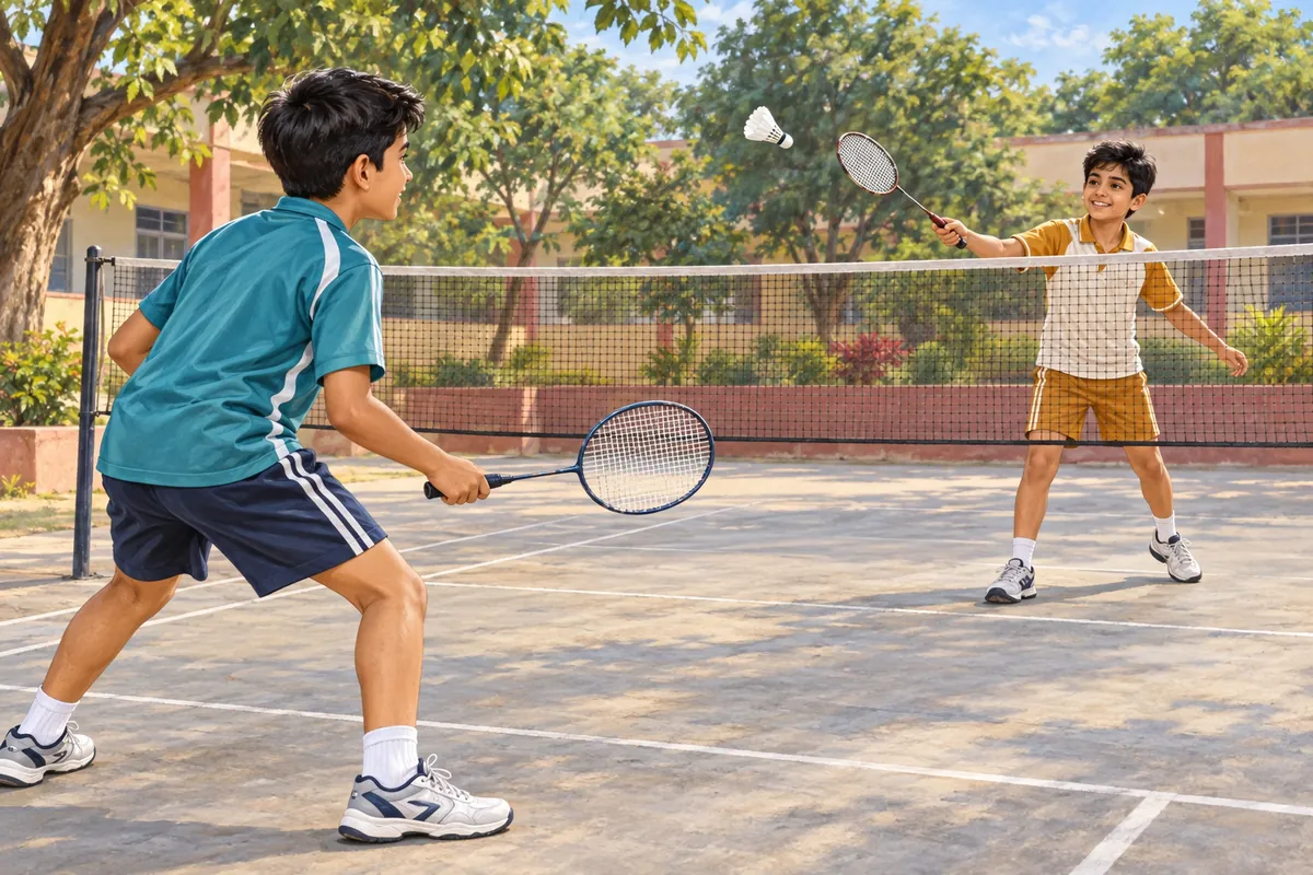 Two schoolboys enjoying a friendly badminton rally on opposite sides of a net