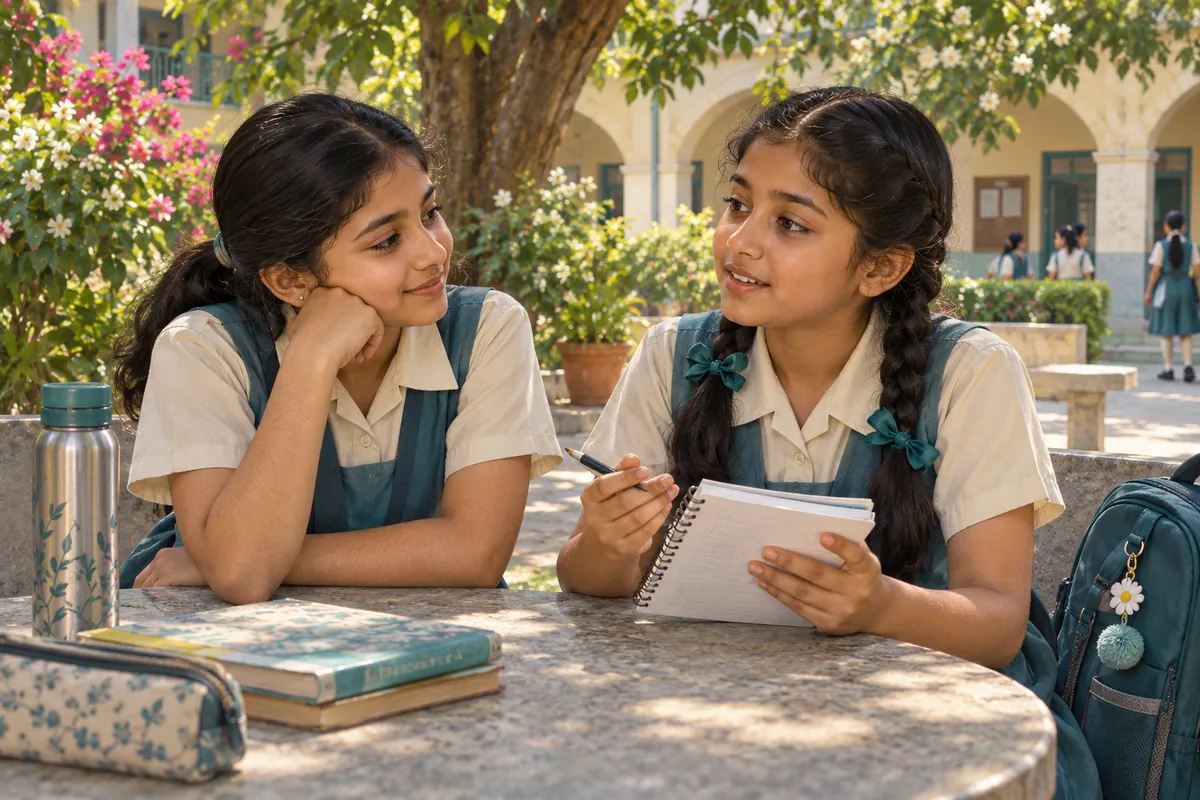 Two school friends listening and sharing a notebook in a shaded courtyard