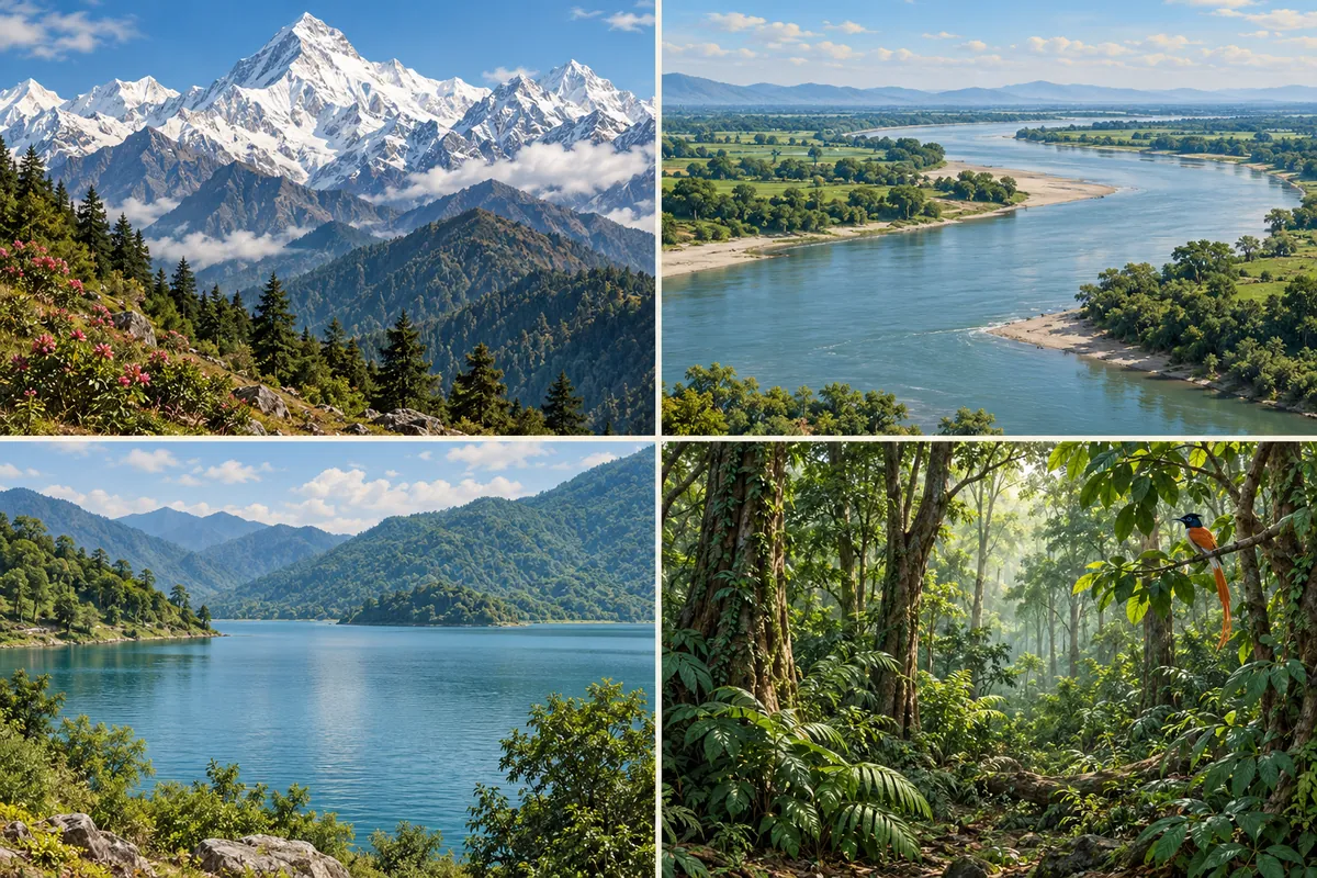 Four landscape views showing high mountains, a river, a lake and a green forest