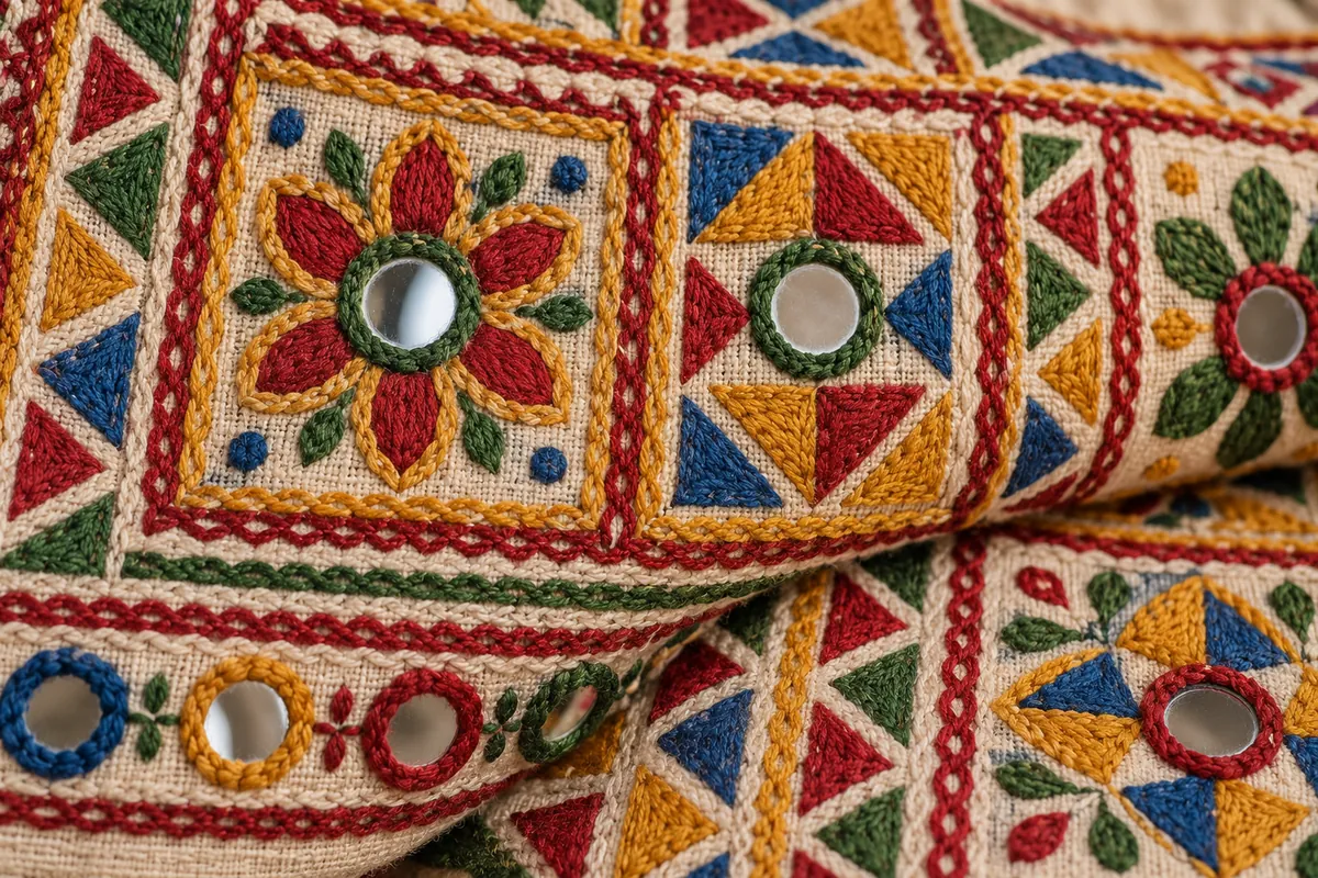 Bright geometric and floral embroidery with chain-stitch textures and small stitched mirrors