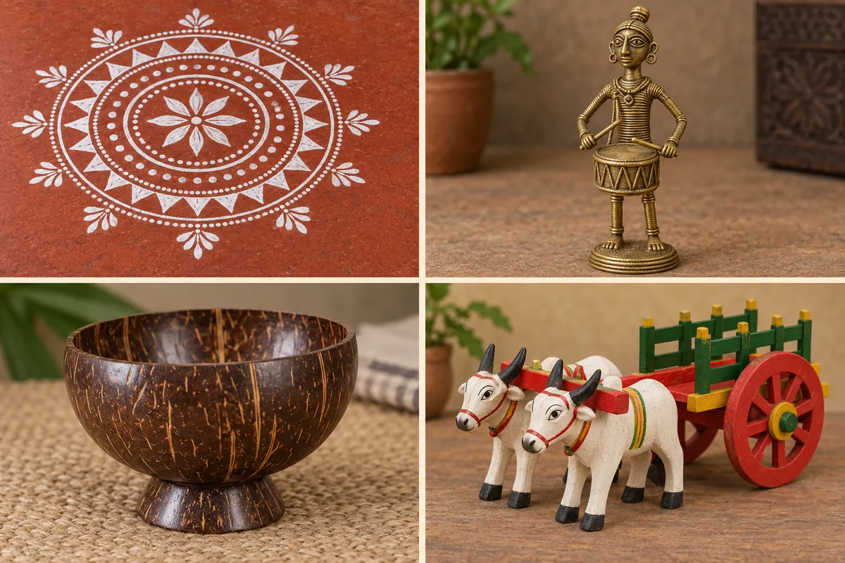 White-on-red Aipan-inspired pattern, Dhokra-style brass drummer, coconut-shell bowl and painted Kondapalli-style bullock-cart toy