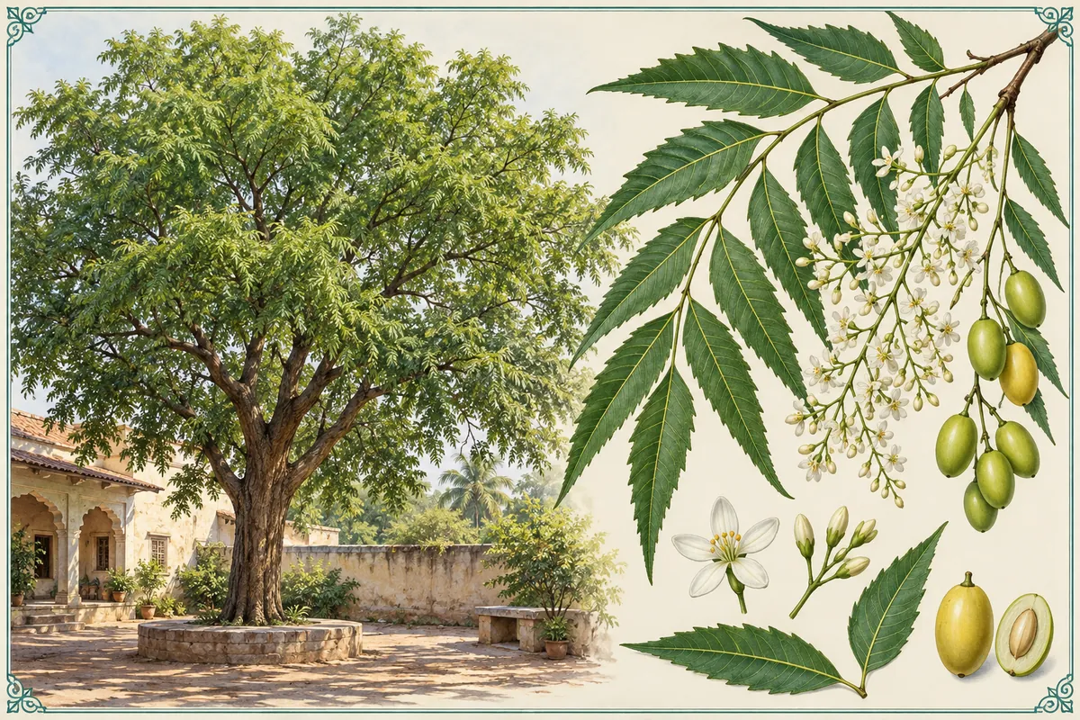 Neem tree with serrated compound leaflets, white flowers and yellow-green fruits