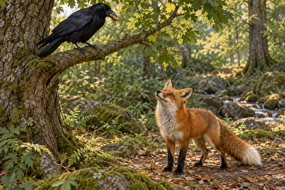 A black raven holds a small piece of food on a tree branch while a red fox looks up from the woodland floor