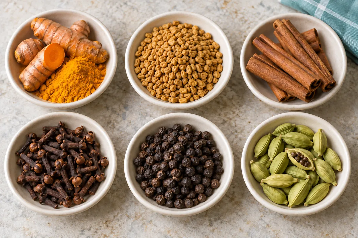 Six bowls: turmeric, fenugreek and cinnamon above; clove, black pepper and green cardamom below