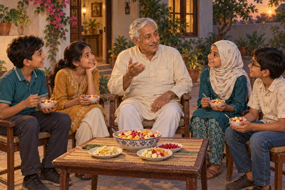 Four children enjoying fruit chaat and a story with Mario’s grandfather