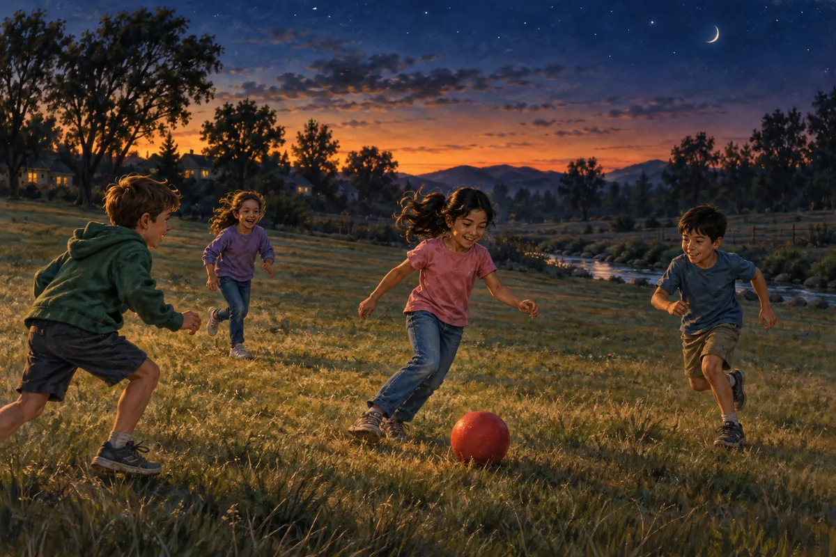 Children playing ball in a grassy field as twilight darkens, with a creek and trees in the distance