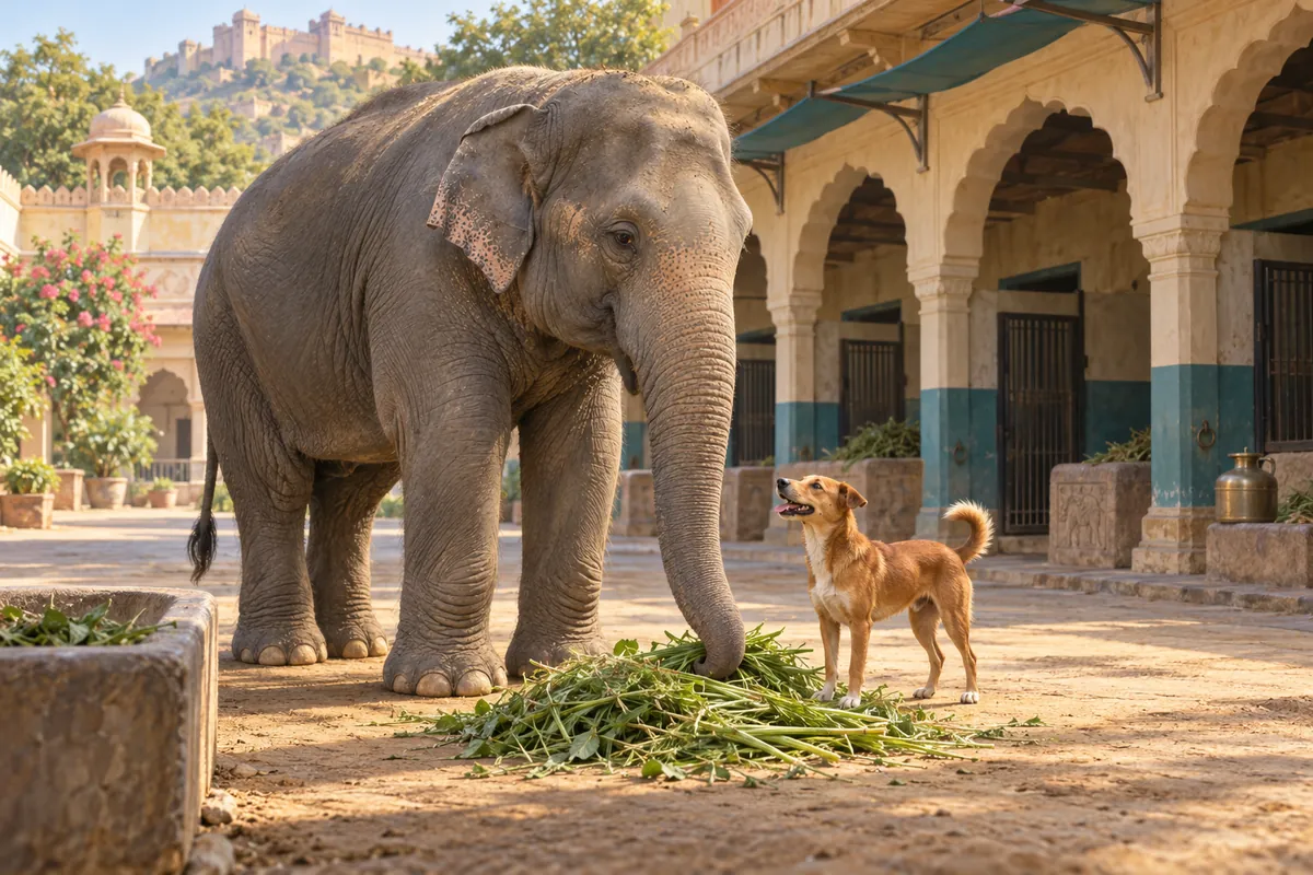 A grey Asian elephant and small brown dog standing together in a royal stable courtyard