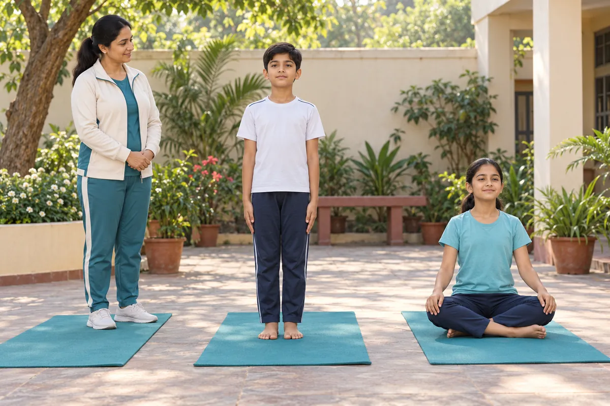 An instructor observing one child standing upright and another seated comfortably on yoga mats
