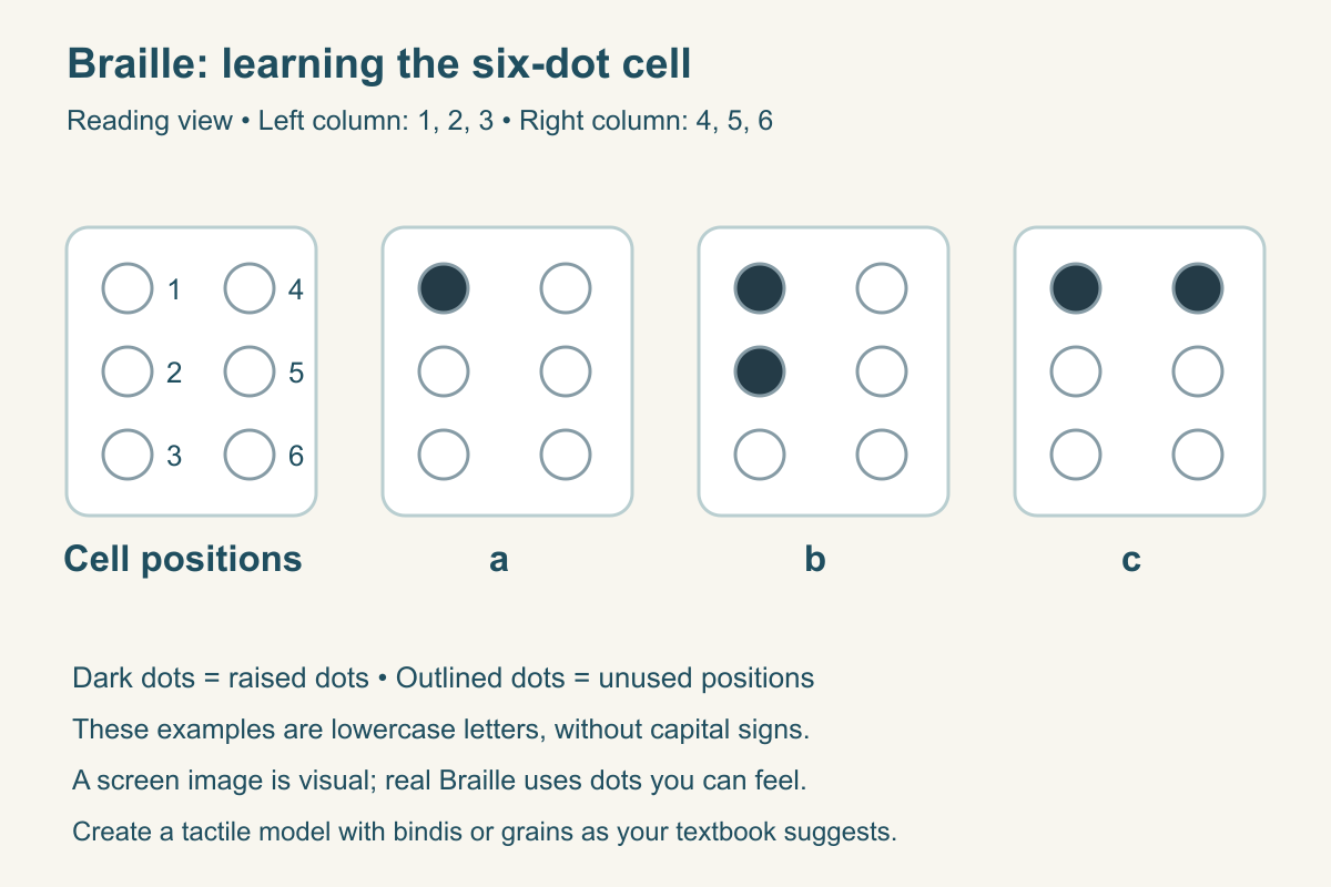 Braille reading-view cell positions: 1 2 3 left, 4 5 6 right; a dot 1, b dots 1 and 2, c dots 1 and 4