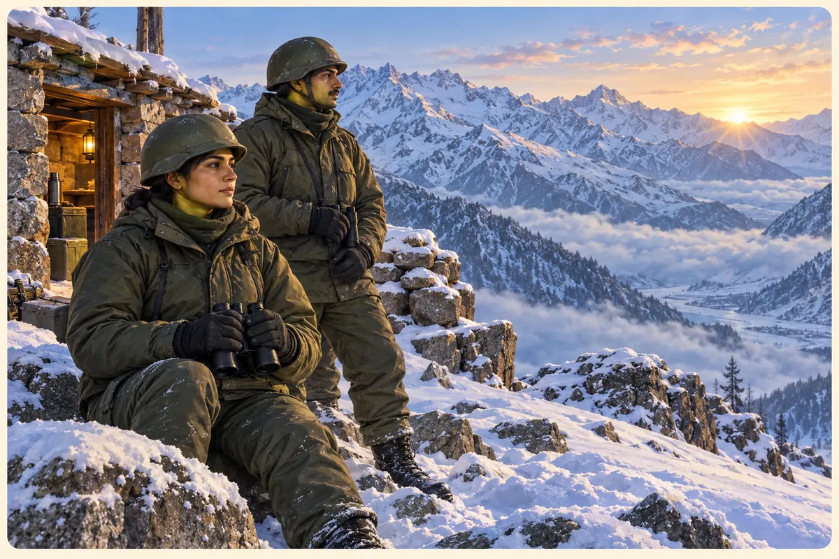 A woman and a man in winter military clothing keep watch over a snowy mountain landscape at dawn