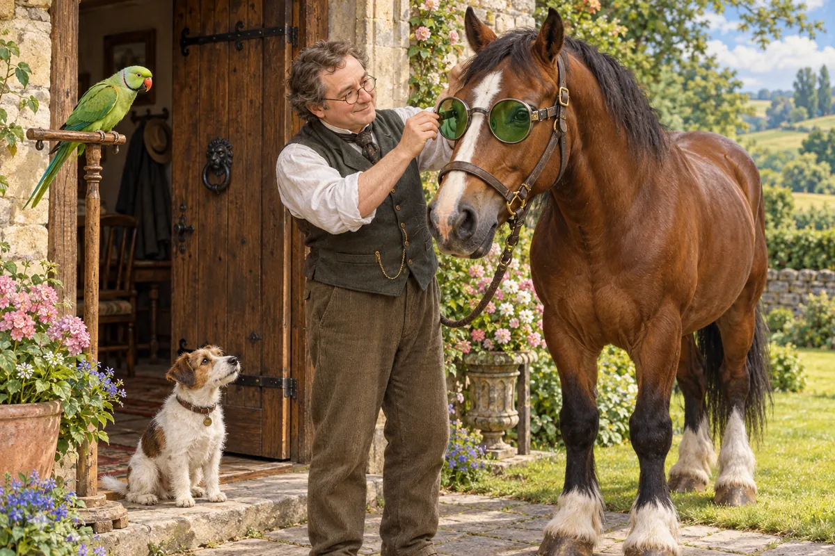 Doctor Dolittle fitting green spectacles to a brown horse, with Polynesia the parrot and Jip the dog nearby