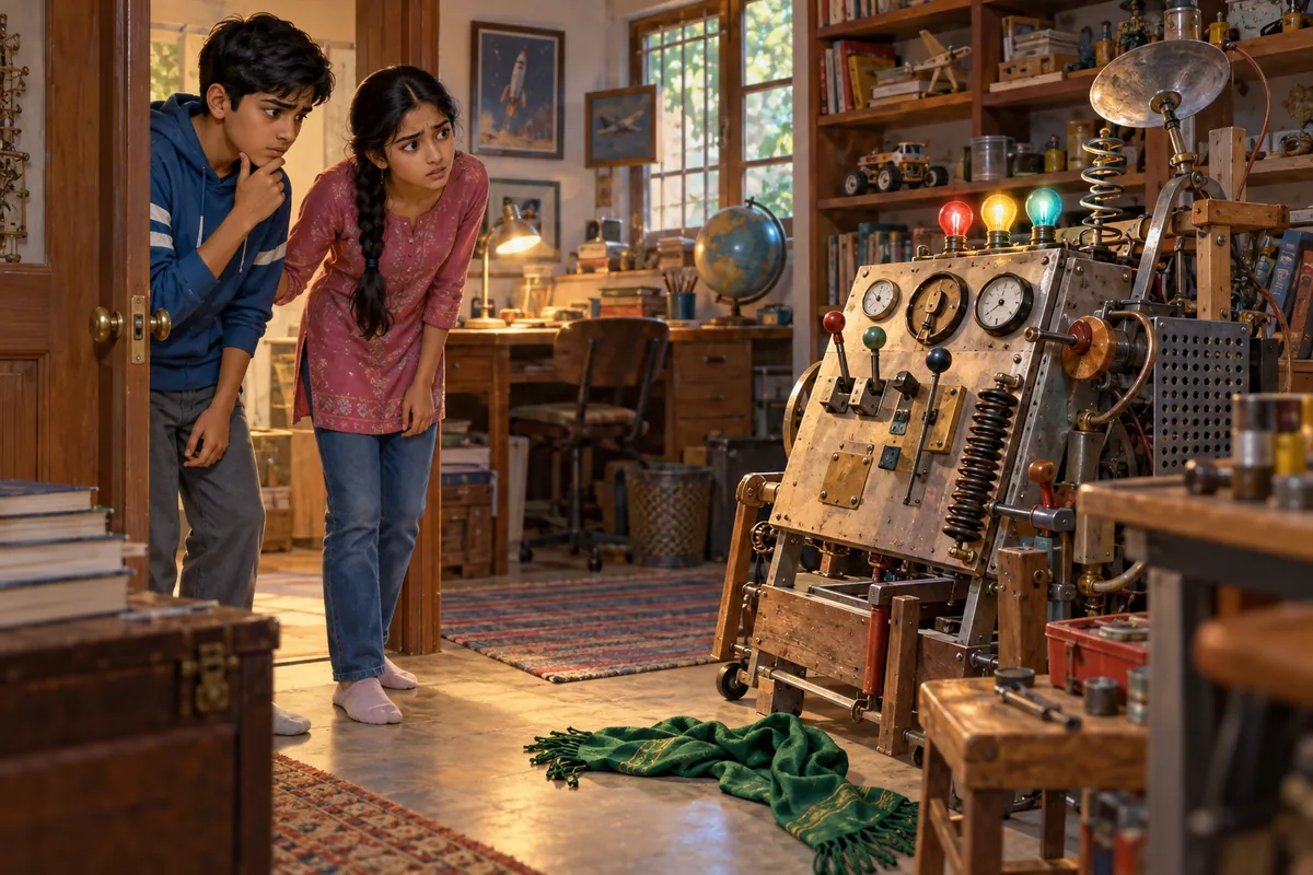 Anand and Anita examining a fanciful machine with a green scarf on the floor nearby