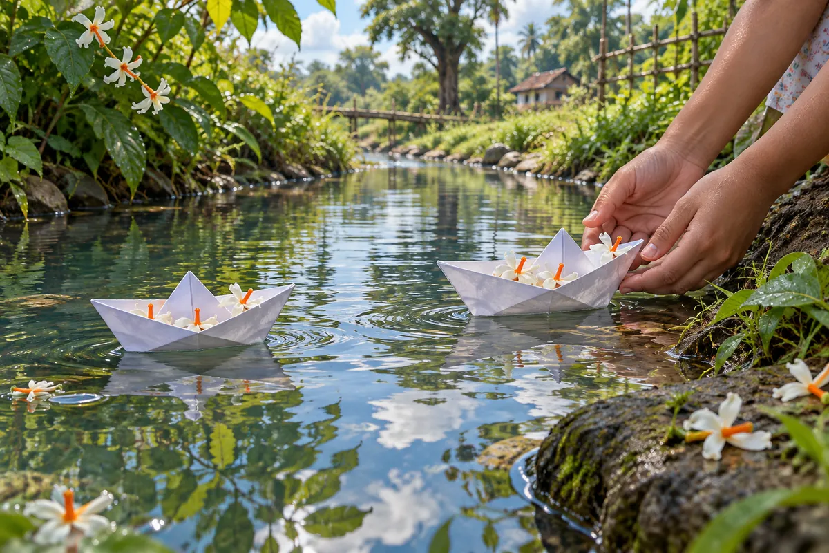Folded paper boats on a gentle stream carrying white shiuli flowers with orange centres