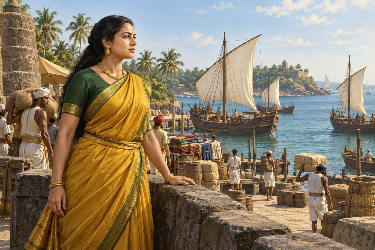 Conceptual Rani Abbakka in a mustard sari and green blouse beside merchants and wooden sailing ships on the Karnataka coast