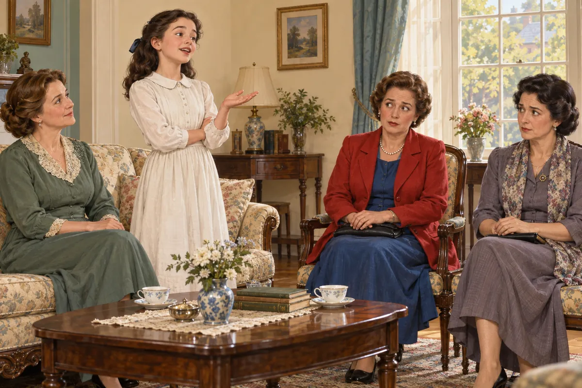 Mary speaking while Mrs Shaw and two guests react to an awkward conversation; one guest wears a blue dress and red coat