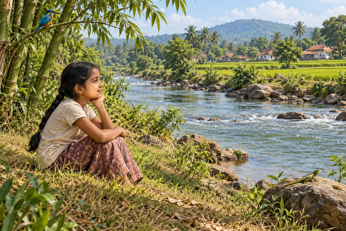 Jahnavi listening beside a river with bamboo, a blue kingfisher and a green lizard