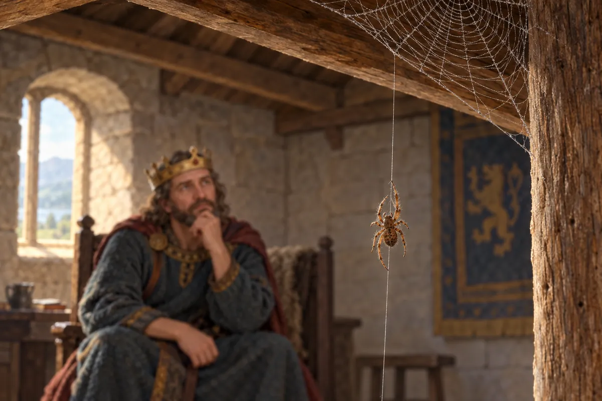 A spider climbing its silk thread while King Bruce watches thoughtfully