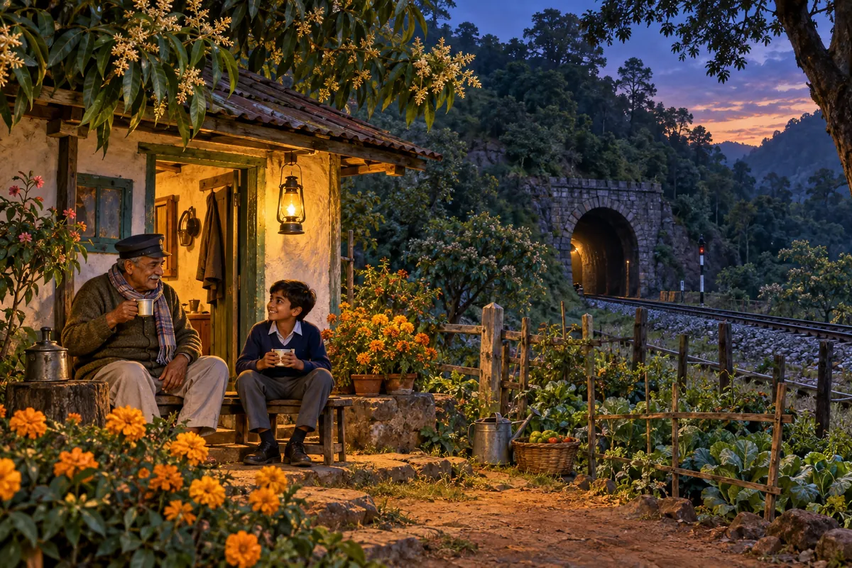 Suraj and Sunder Singh drinking tea outside a marigold-lined watchman’s hut, with a glowing lamp and tunnel in the background