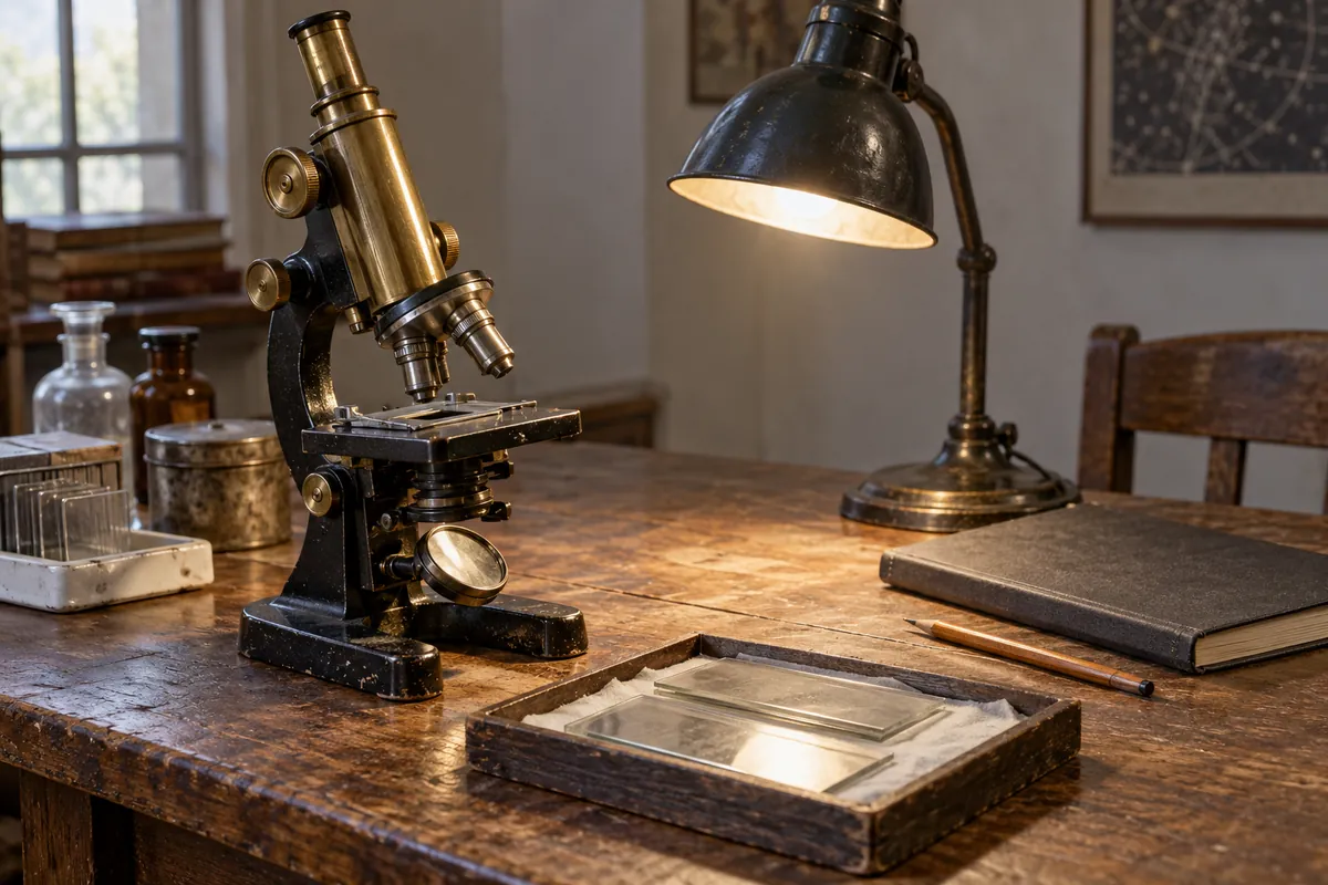 A vintage microscope, glass plates, notebook and lamp on a wooden laboratory bench.