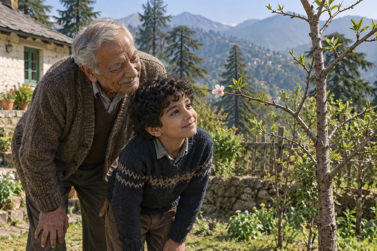 Rakesh and his grandfather admire a single pale-pink blossom on the young cherry tree.