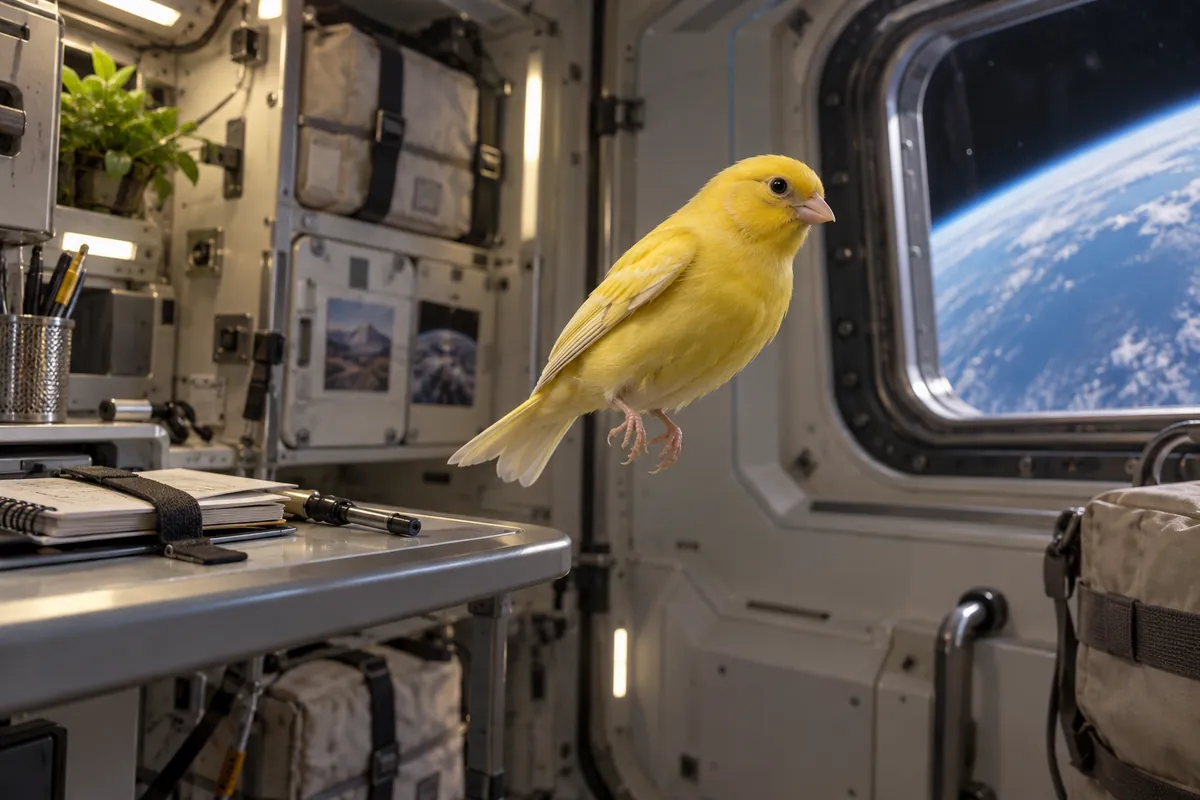 A yellow canary floats with folded wings beside a workstation inside an imagined space station.