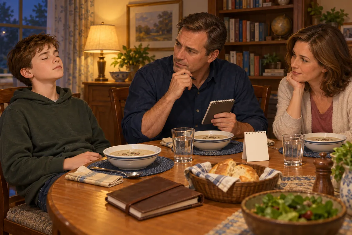 Leroy thinks about a mystery at the dinner table while Chief Brown and Mrs Brown watch attentively.