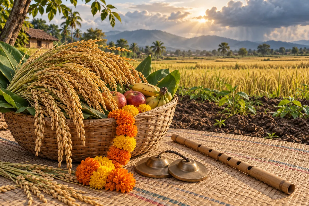 A basket of grain and fruit beside a flower garland, bronze cymbals and a bamboo flute, with fields behind.