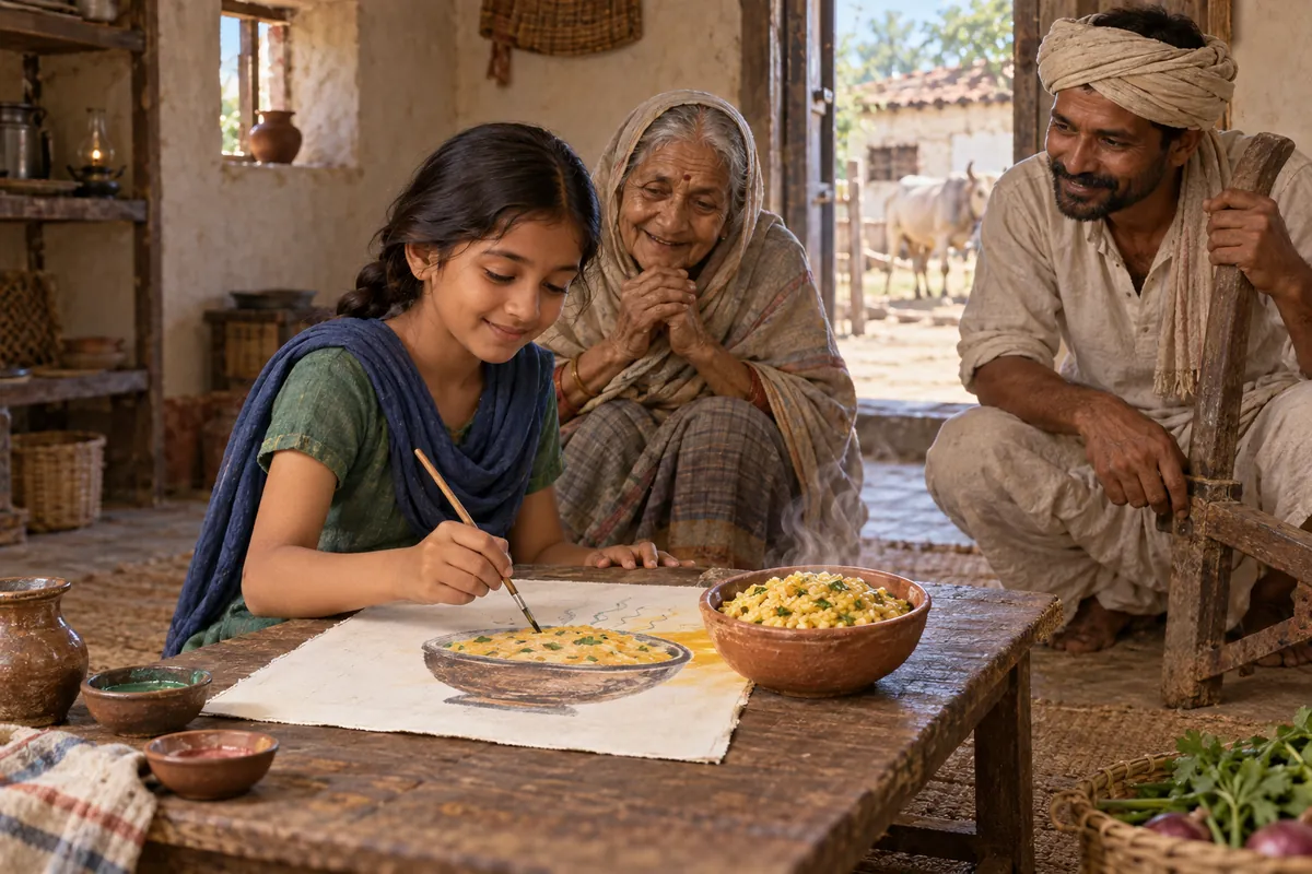 Gopi paints a bowl of khichdi while a grandmother and farmer watch, illustrating the magic brush’s use to help others.