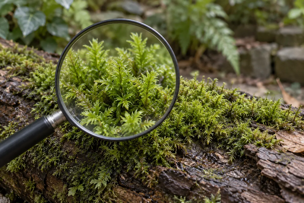 A round magnifying glass shows enlarged green moss leaves on a damp log.